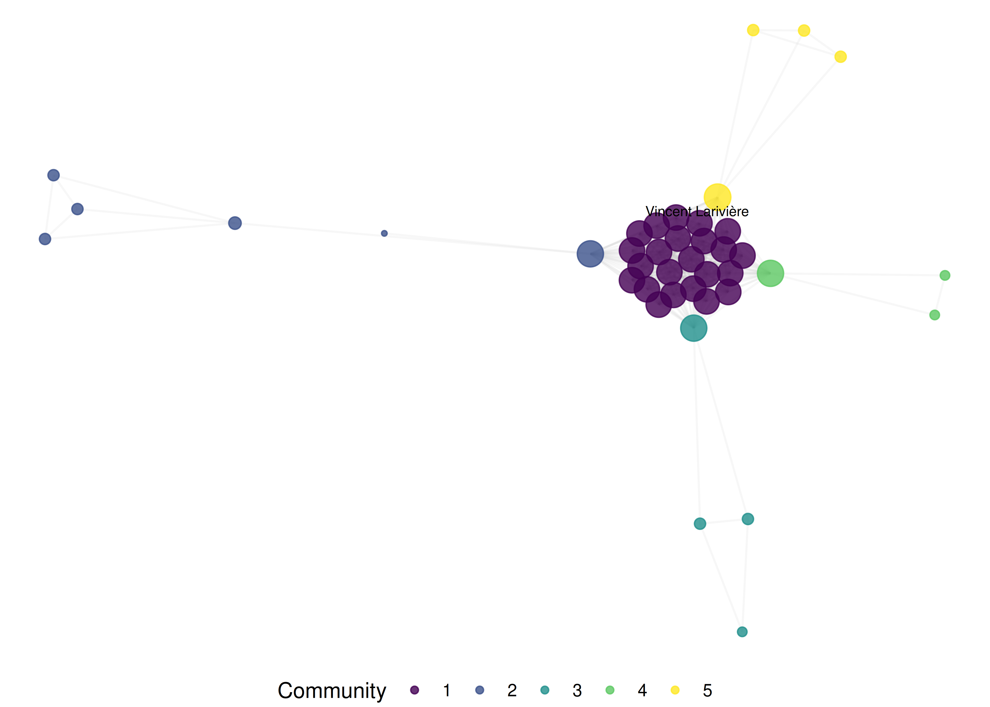 A clean, publication-quality network visualisation with minimal visual clutter. High-degree nodes are labelled with author names. Community colours are distinct and colour-blind friendly.